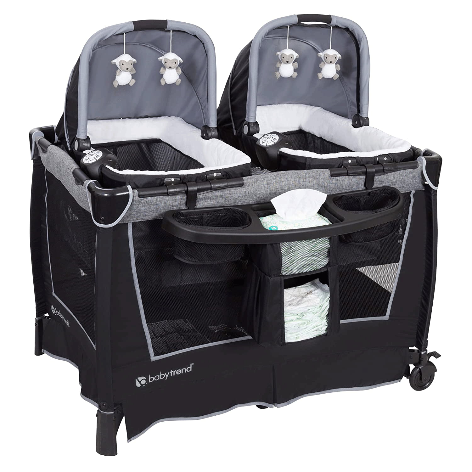 Baby Trend Retreat Twins Nursery Center, Quarry - Twin Playard with 2 Bassinets, Changing Table, and Music Center