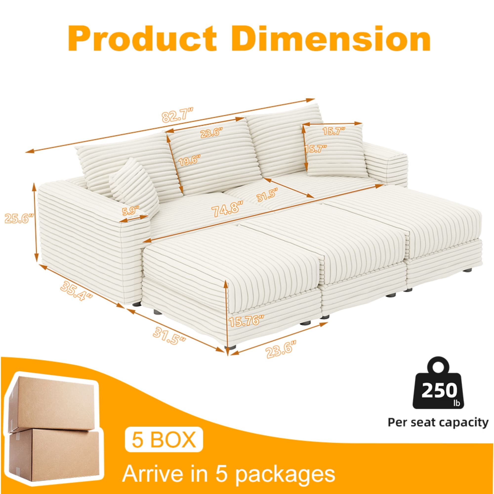 Alvantor 3-Seat Sofa with 3 Movable Ottomans 83 " W Corduroy Upholstered Deep Seat Couches Convertible Chaise for Living Room, Apartment Beige
