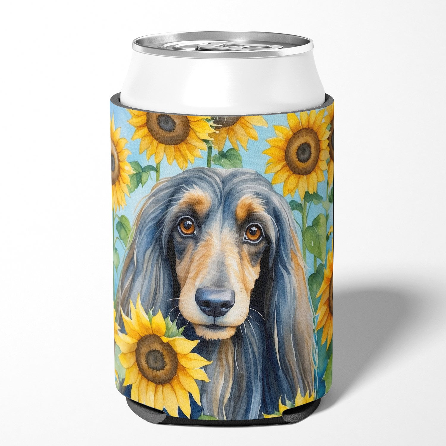 Afghan Hound in Sunflowers Can or Bottle Hugger 3 in x 5 in