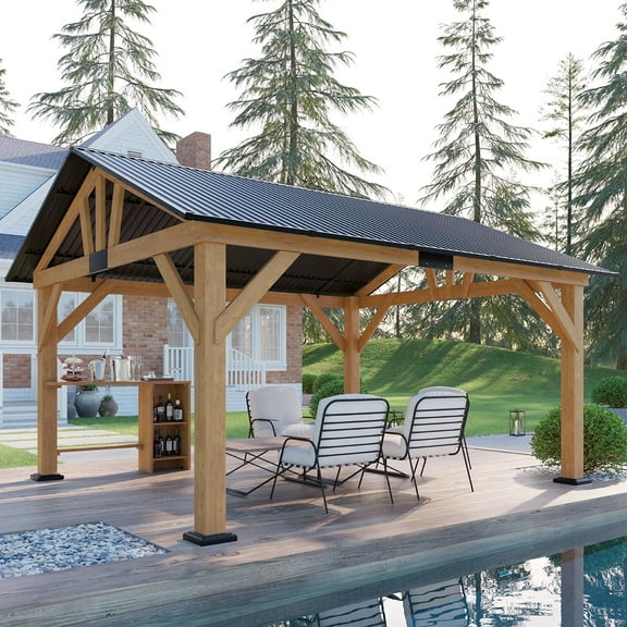 Merluxy 13x15 ft Wood Gazebo with Hardtop & Metal Steel Gable Roof for Garden, Patio, Porch
