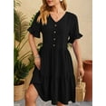 thumbnail image 3 of Deago Women's Short Sleeve Swiss Dot Ruffle Pleated Dress Casual Summer V Neck Half Button Loose Midi Dresses (Black, XL), 3 of 6