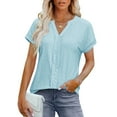 thumbnail image 2 of Olyvenn Womens Casual Eyelet V Neck Short Sleeve Loose Fit Tee Shirts Tunic Shirts Dressy Blouses Business Work T Shirt Light Blue M, 2 of 9