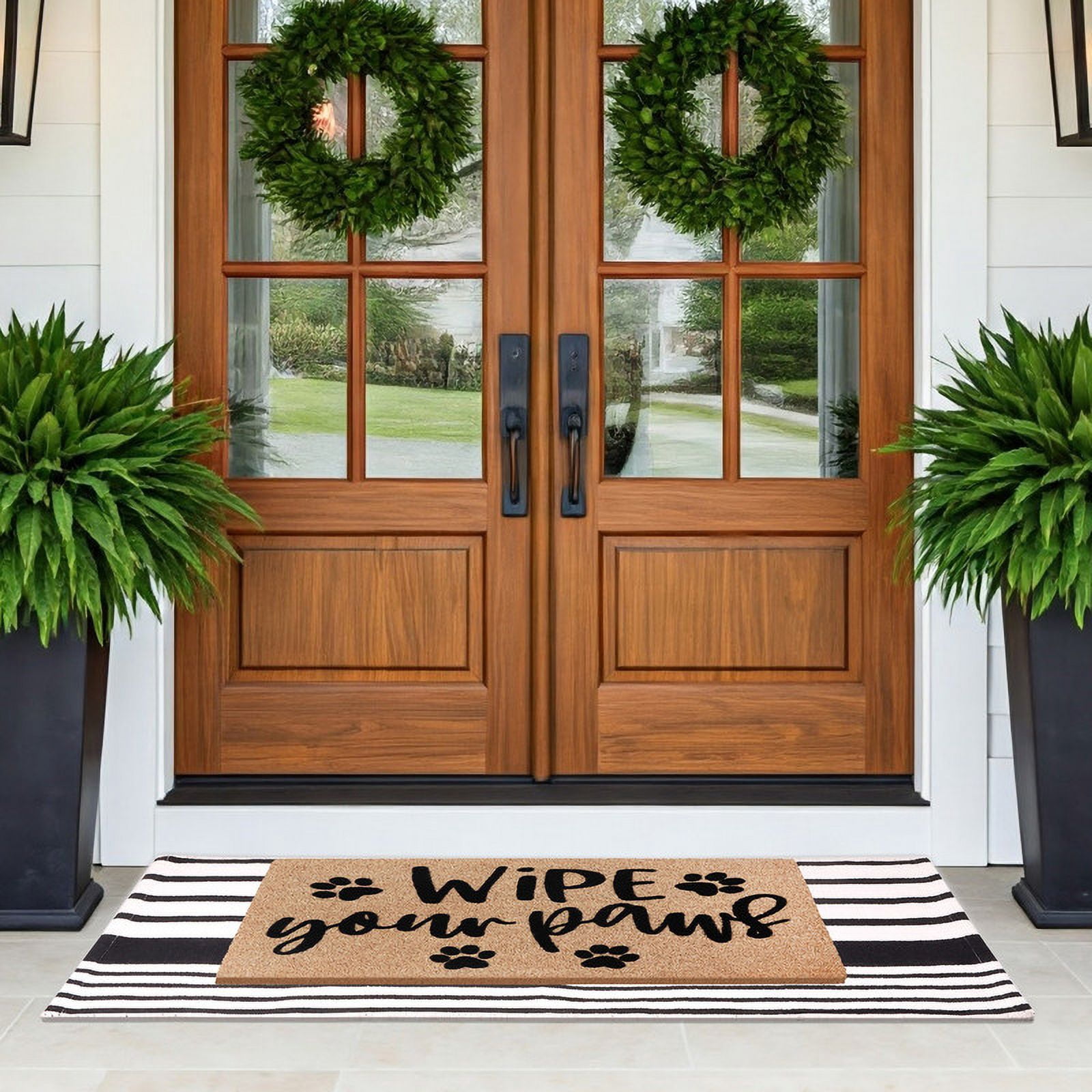 A1HC Coir Welcome Mat and Black & White Striped Cotton Rug Combo Set, 24"x36" & 24"x51", Hand-Woven Washable Entryway Décor
