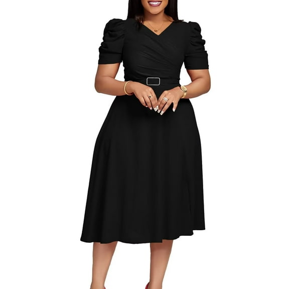 Women's Summer Dresses Round Neck Solid Loose Flowy Pleated Mini Babydoll Dress