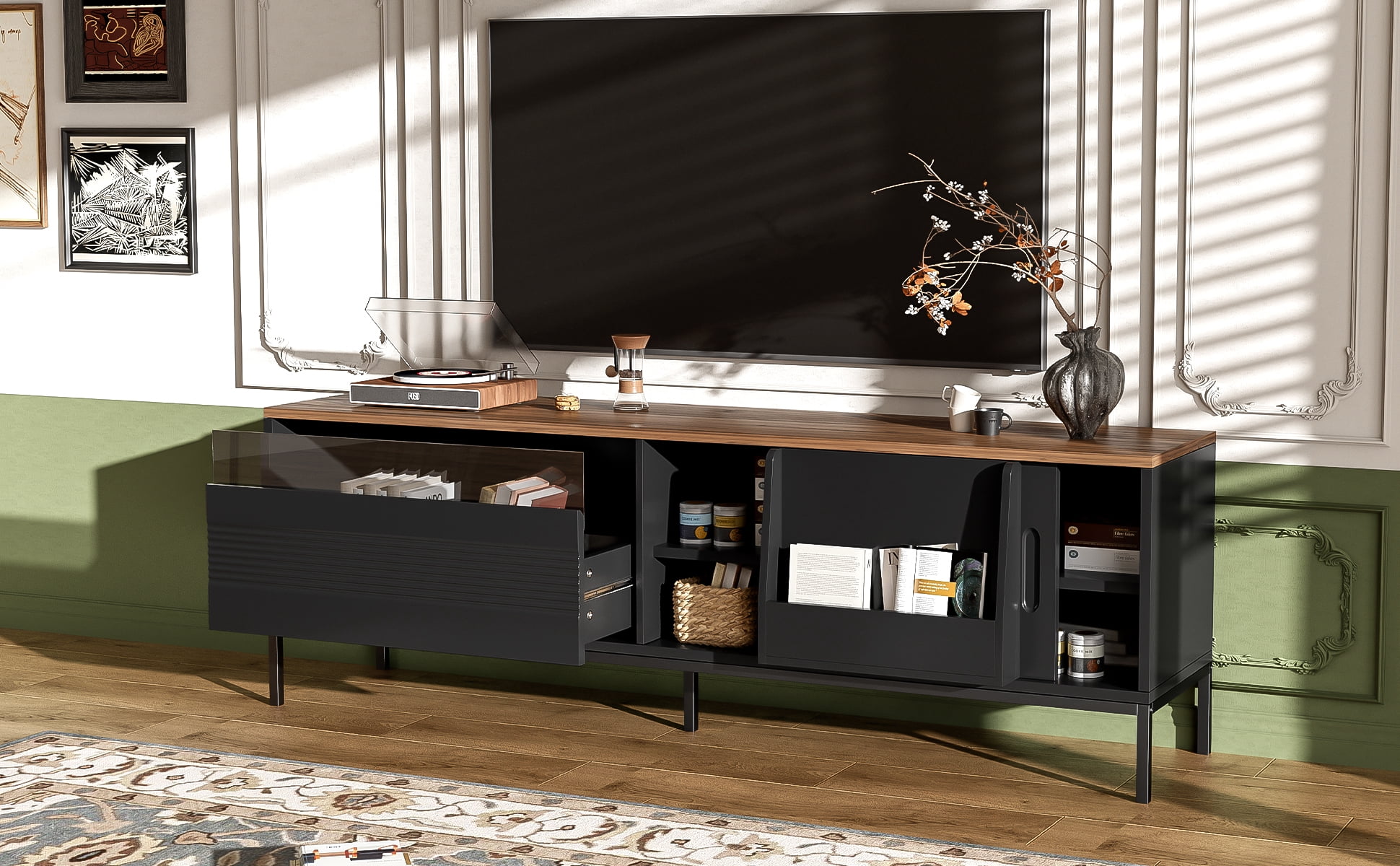 Euroco 70.8'' Modern TV Stand for TVs up to 75 Inches, Entertainment Center with Storage Space, Sliding Doors, Adjustable Shelves and Metal Frame, Mid Century Modern Media TV Console Table