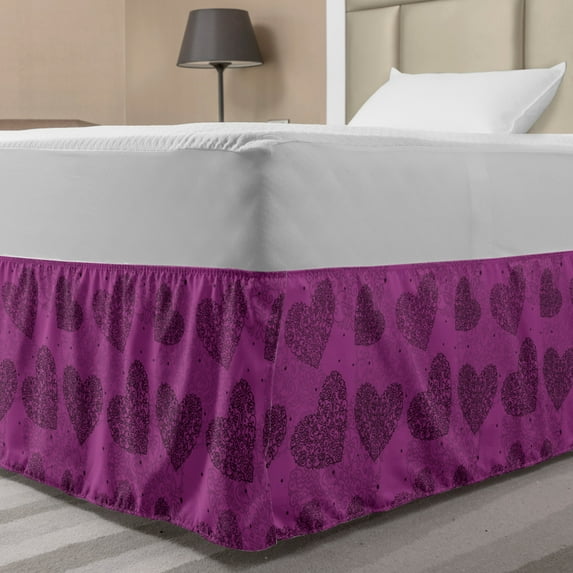 Abstract Bed Skirt, Hearts Shapes Curly Floral Ornaments Along Dots Motifs on Pinkish Background, Elastic Bedskirt Dust Ruffle Wrap Around for Bedding Decor, 4 Sizes, Dark Magenta, by Ambesonne