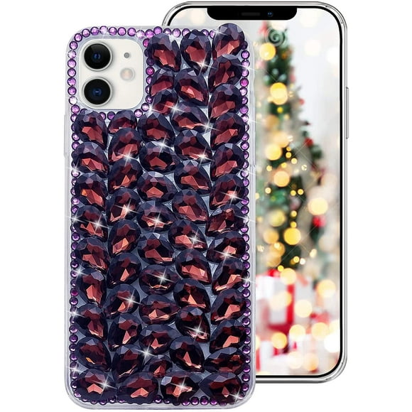 for iPhone 12 Mini Bling Diamond Case for Women Cute 3D Rhinestone Crystal Shiny Sparkle Handmade Gemstone Protective Cover Luxury Fashion Glitter Case for iPhone 12 Mini 5.4 inch Purple