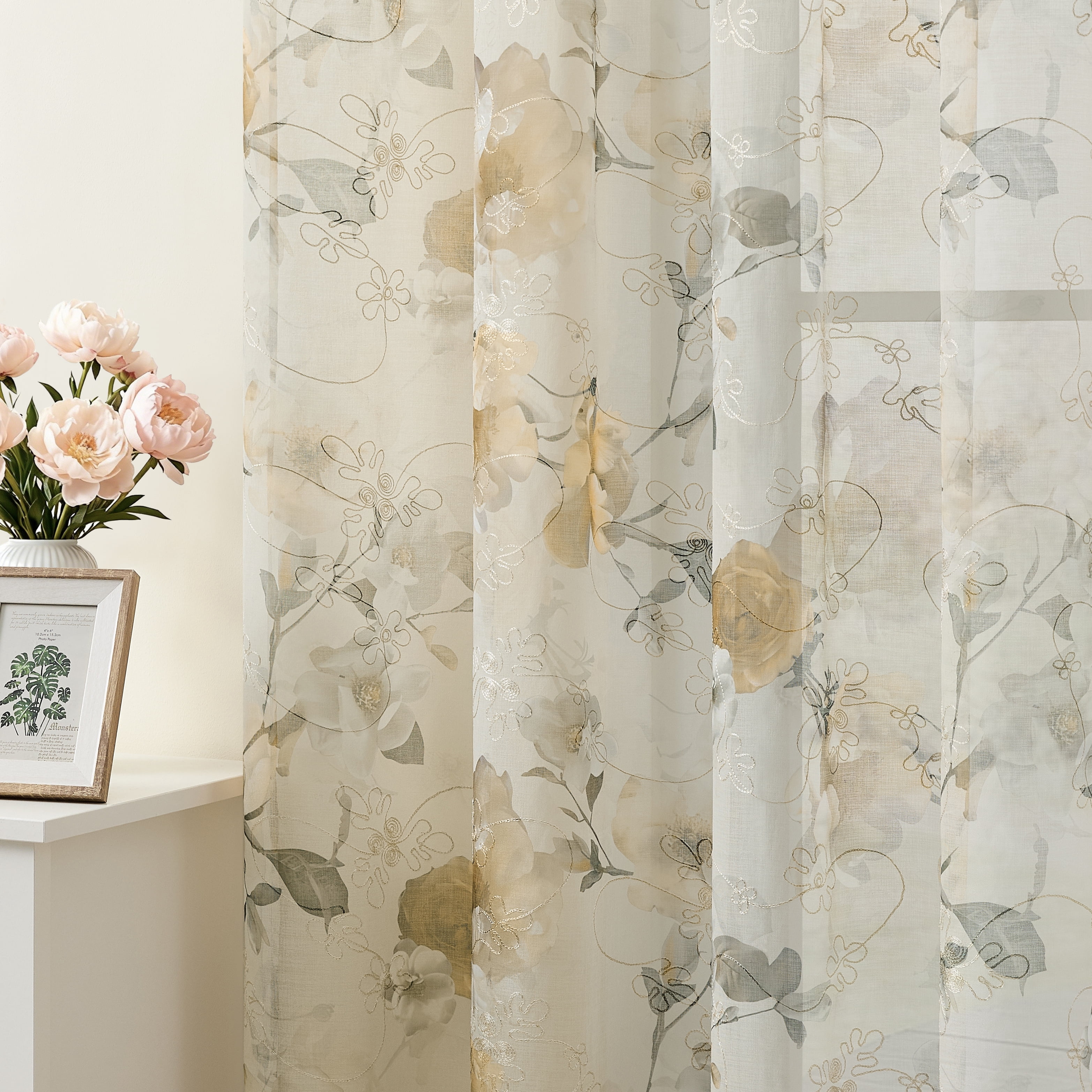 Muuphra Floral Printed&Embroidered Sheer Curtain Rod Pocket Voile curtain for Bedroom Livingroom,2 Panels,Yellow,52×63"