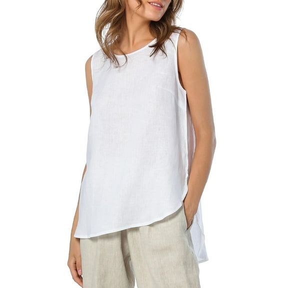 Amazhiyu Womens 100% Linen Tank Tops Casual Crewneck Sleeveless High Low Hem Tanks Shirts Summer