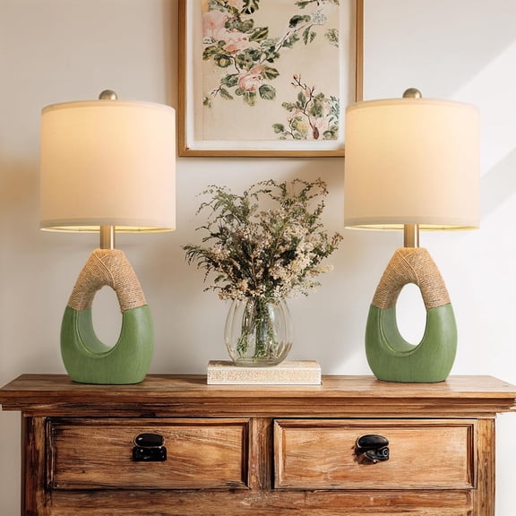 Set of 2 19" Green Table Lamps, Bedside Lamps for Living Room, Farmhouse Rattan Table Lamp, Small Space Nightstand Lighting, Rustic Home Office Decor
