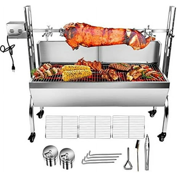 176LBS Stainless Steel Rotisserie Grill With Back Cover Guard, 25W Motor Small  Lamb Roaster, 37'' 2 in 1 BBQ Charcoal Grill for Camping Outdoor Kitchen