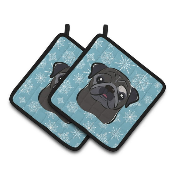 Snowflake Black Pug Pair of Pot Holders