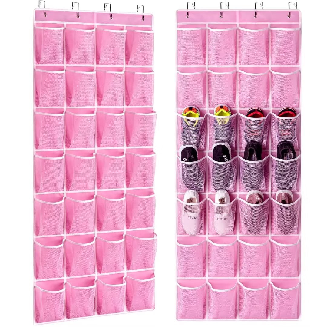 KEEPJOY 28 Pocket Over Door Shoe Organizer, 2Pack Pink Hanging Shoe