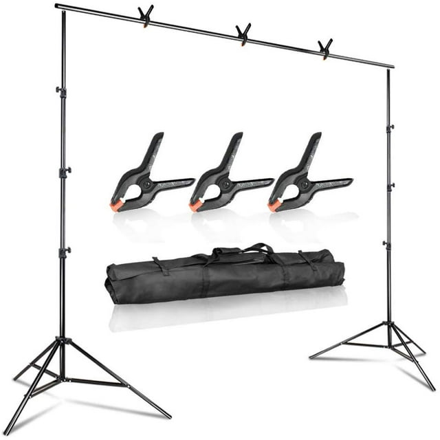 LS Photography 10 feet Wide 9.4 feet Tall Adjustable Background Muslin Support Structure System Stand and Cross Bar for Screen Backdrop with 3 Pack of Support Clamps, Stable Thick Pole, WMT1007
