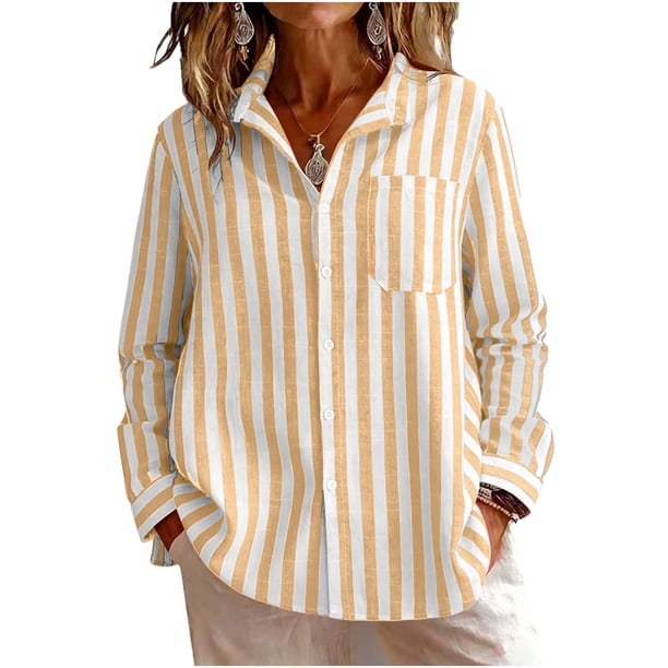 Camisa de Manga Larga Casual de Flanela con Rayas, Blusa de Bolsillo Delantera de Cuello Girado para el Uso Diario, Camisas de Malla de Manga Larga de Mujeres Embarazadas