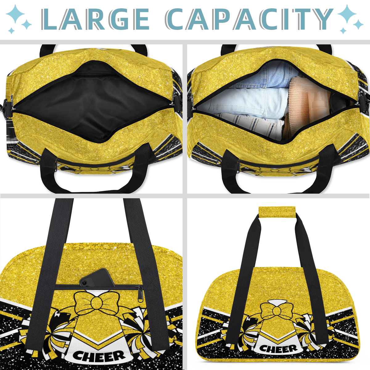 Herdesigns Cheerleading Bags Overnight Duffel Bags Cheer Gold Sport Gym Bag Travel Bag Travel Waterproof Weekender Bag Carry On Travel Tote Bag Dance Bags