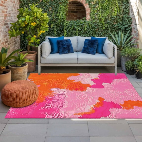 Outdoor Rug 5x8ft Ombre Pink Orange Painting Large Area Rug Abstract Art Indoor Outdoor Carpet Outdoor Rugs Mats for Patio Camping,RV,Front Door, Outside Decor