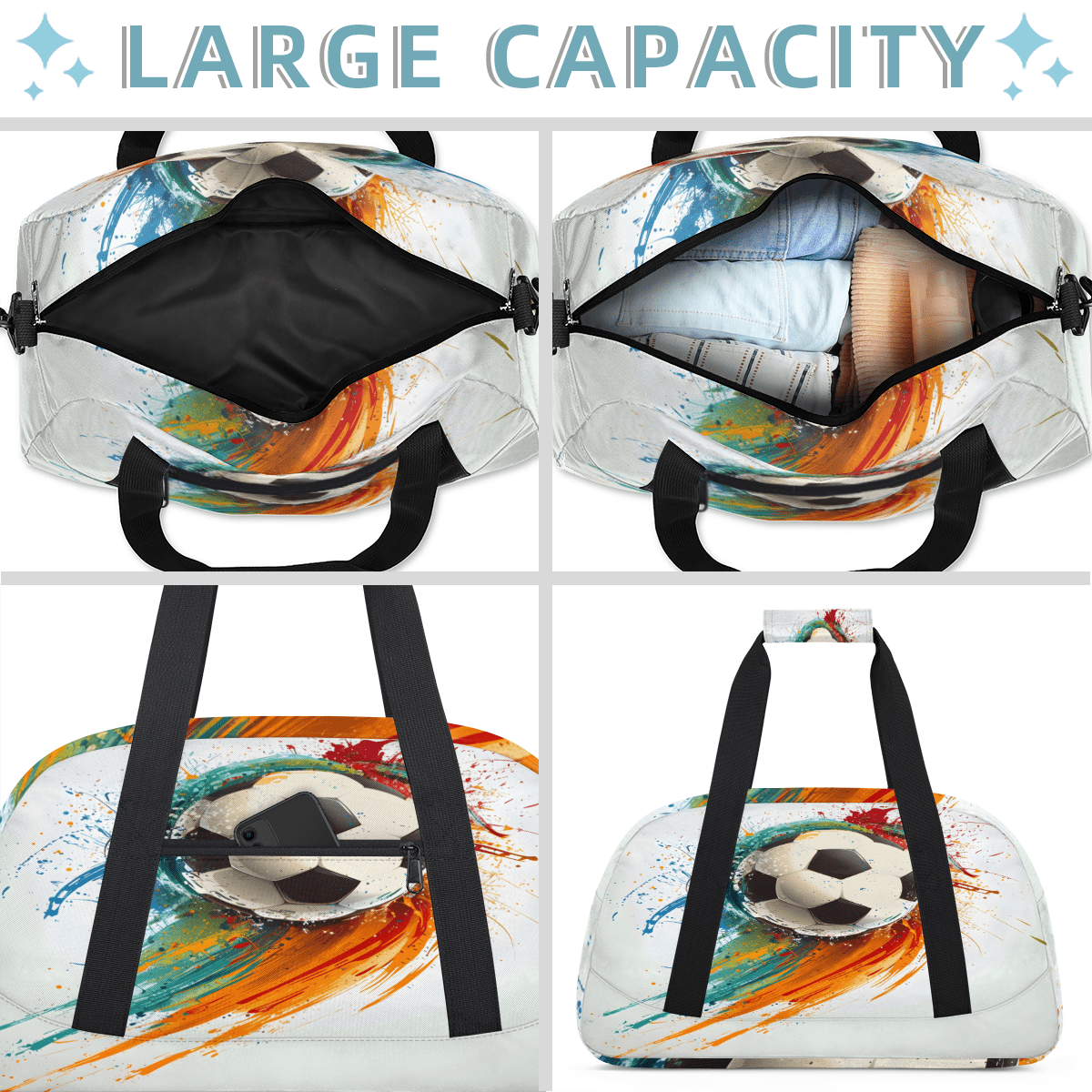Herdesigns Soccer Sports Duffle Bag for Women & Men, Ball Sports Gym Bag Dance Bag Overnight Bag Carry On Weekender Travel Bag