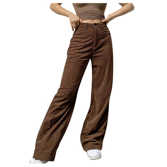 REALiKUN Women's Corduroy Loose Mid Rise Pant Casual Fall Straight Leg Elastic Waist Pants with Pockets Brown 3XL