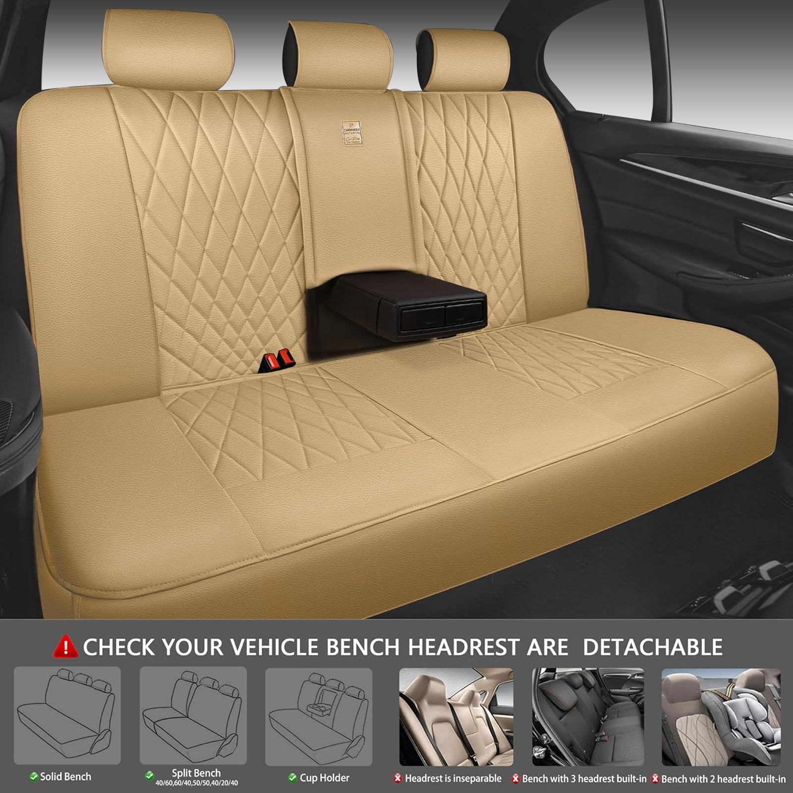 CAR GRAND Piping Luxury Faux PU leather Full Set Car Seat Covers Water Proof Armrest Airbag Compatible Universal Fit SUV VAN Truck All beige