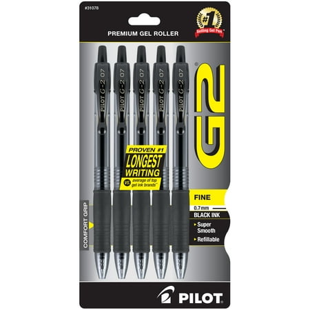 Pilot G2 Retractable Gel Ink Pens, Fine Point, Black, 5 Pk, 917142099