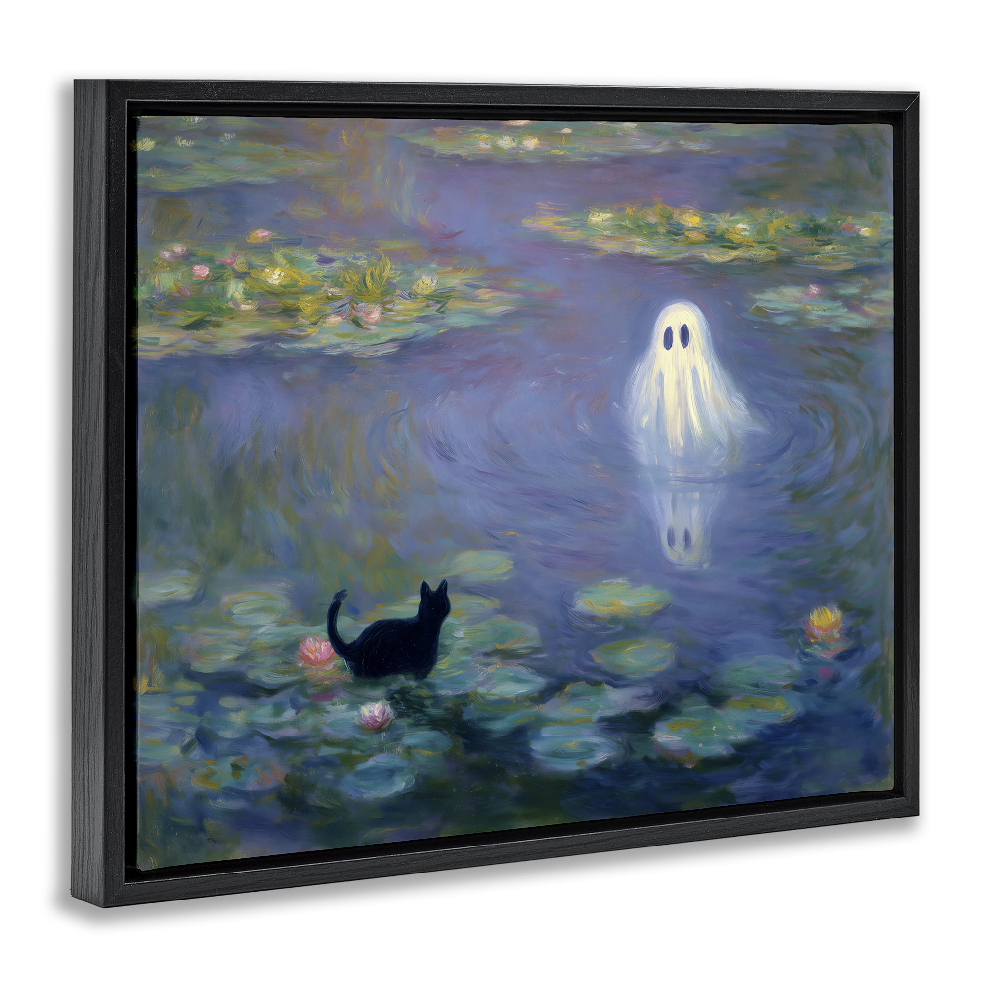 Water Lilies with Ghost & Kitty Black Framed Floater Canvas Wall Art, design by Arlington Prints