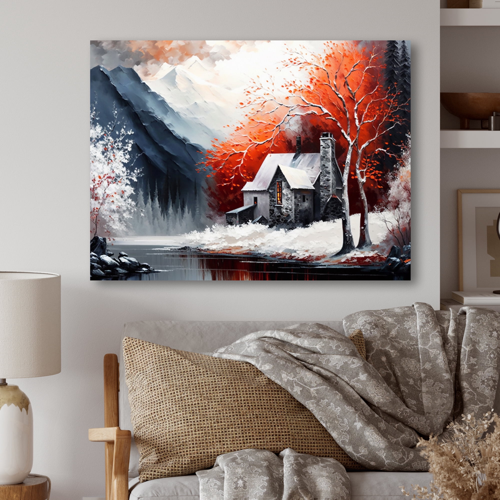 Designart Monochrome Orange Cottage In Winter X Canvas Wall Art