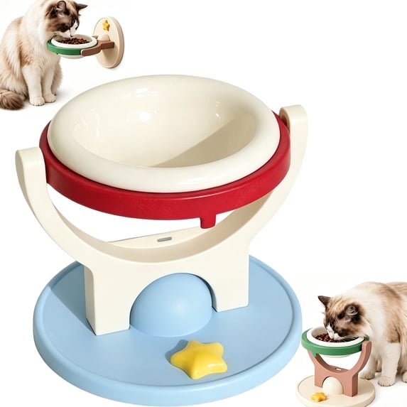 Elevated Cat Bowl Wall Mounted Feeder, 2-in-1 Floating Planet Bowl with Adjustable Height Design, Anti-Tip Pet Feeding Station, Space Saving Foldable Food Water Dish for Cats