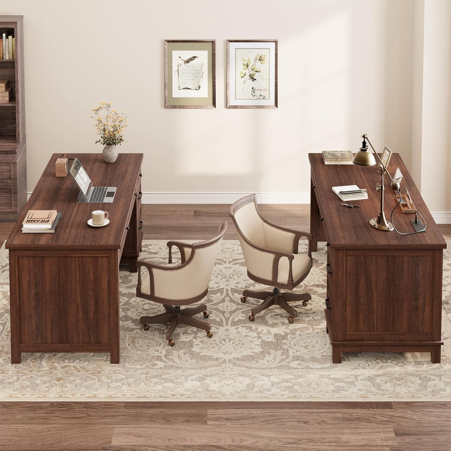 CABIHOME Farmhouse Office Desk with Charging Station & File Drawer | 53.5" Wooden Computer Desk with Built-in USB Ports, Executive Computer Desk Workspace for Home Office