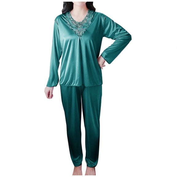 MGDXOX Long Sleeve Pj Sets for Woman Satin Silk 2 Piece Pajamas Sets V Neck Pullover Tops Soft Sleepwear Ladies Loungewear Green XXXXL