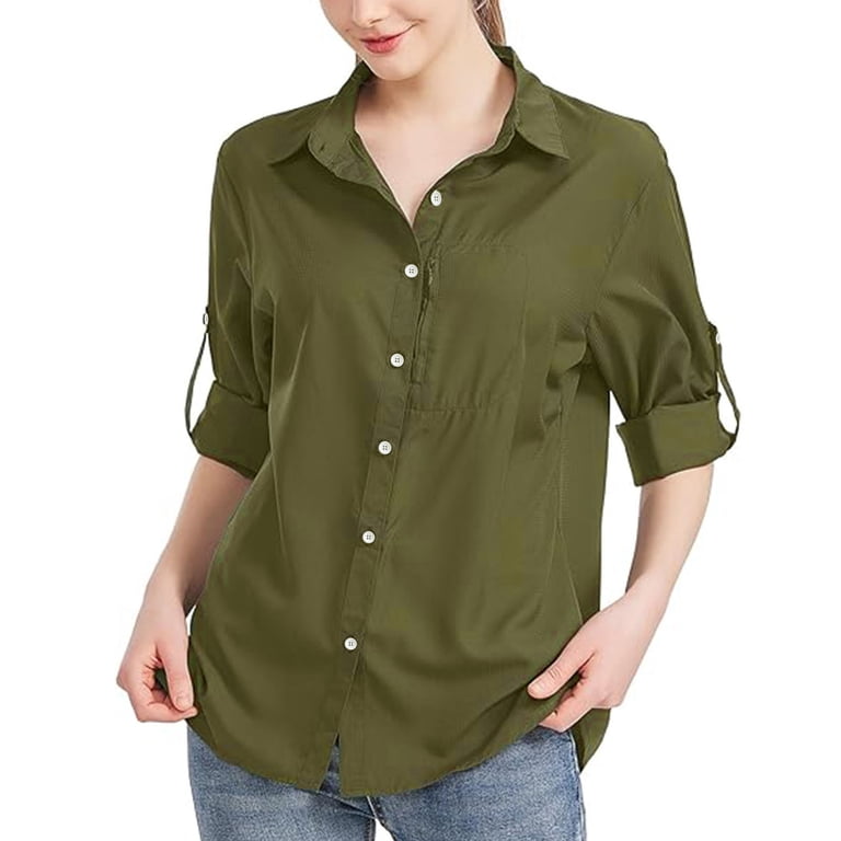 Ryrjj Women's Button Down Shirts Roll-Up Long Sleeve Dress Shirts Solid Casual Collared Work Office Blouses Tops(Army Green,XL), Multicolor