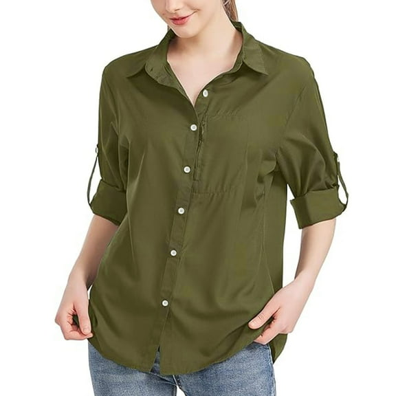 qolati Womens Casual Button Down Shirts Roll Up Long Sleeve Business Shirts Dressy Casual V Neck Solid Work Blouse Tops with Pockets