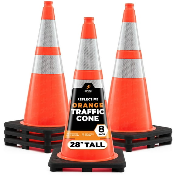 Xpose Safety 28 Inch Orange Traffic Cones with 6" & 4" Collar, 8-Pack - Multipurpose PVC Plastic Safety Cone for Parking, Soccer, Caution, Kids and Construction - DOT Approved