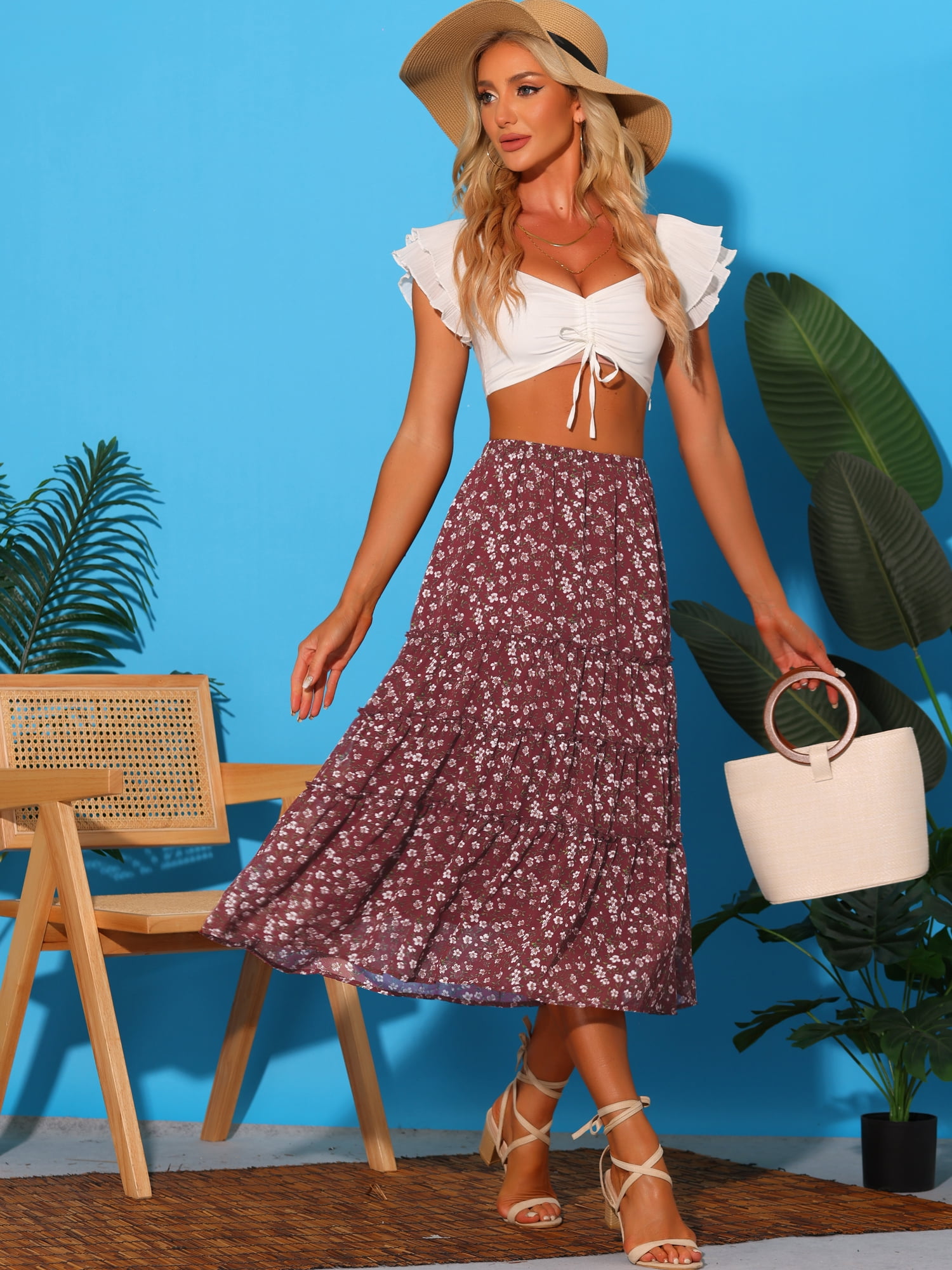 DARING DIVA Women's Chiffon Tiered A-Line Maxi Skirt 2XL Brown