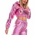 thumbnail image 4 of SWSMCLT Women's Metallic Hoodie Long Sleeve Crop Top Workout Shirt Dance Party Club Hooded Sweatshirt Shiny Cropped Top Pink Small, 4 of 4