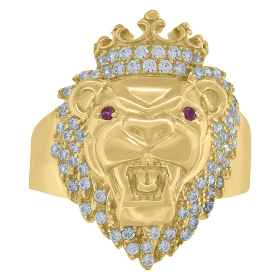 10kt 10k Yellow Gold Mens White Pink Cubic Zirconia Crowned Lion Head Ring