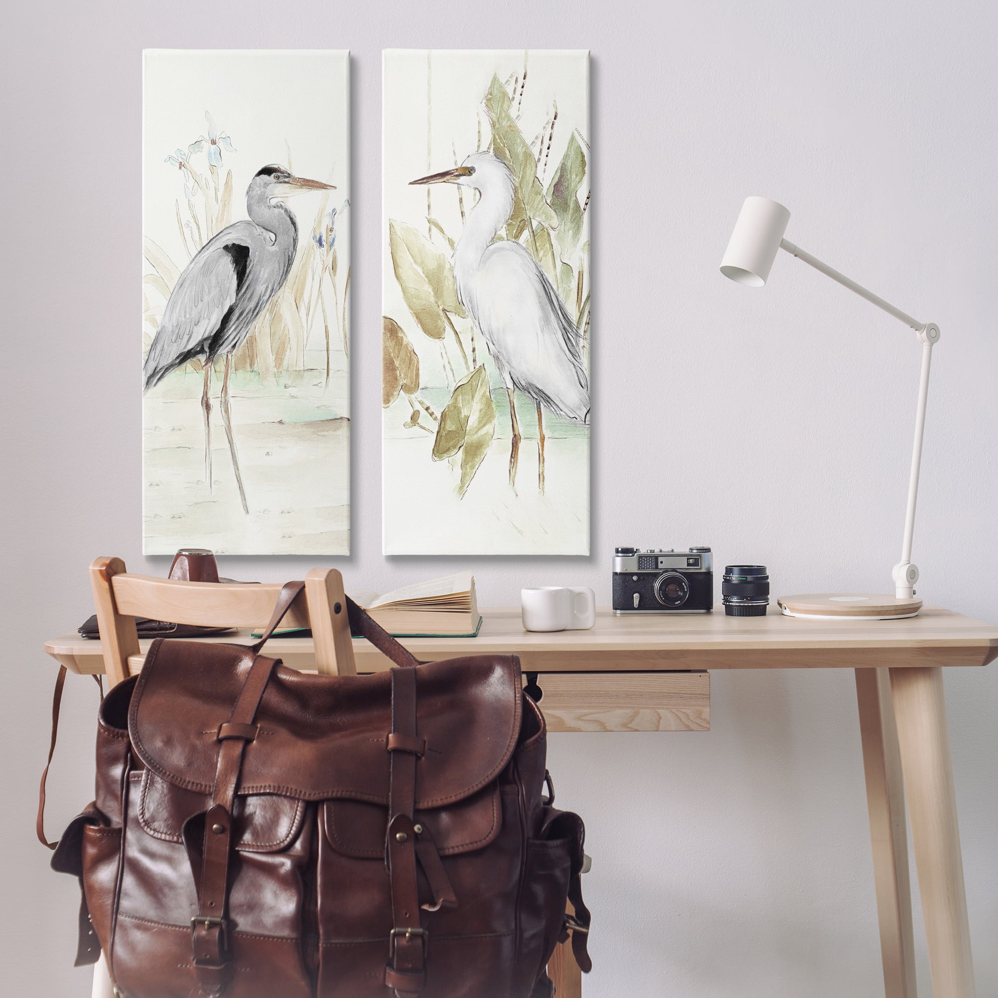 Stupell Industries Heron Egret Marsh Landscape Animals Painting Wrapped Canvas Art Print Wall Art, 13 x 30, Set of 2