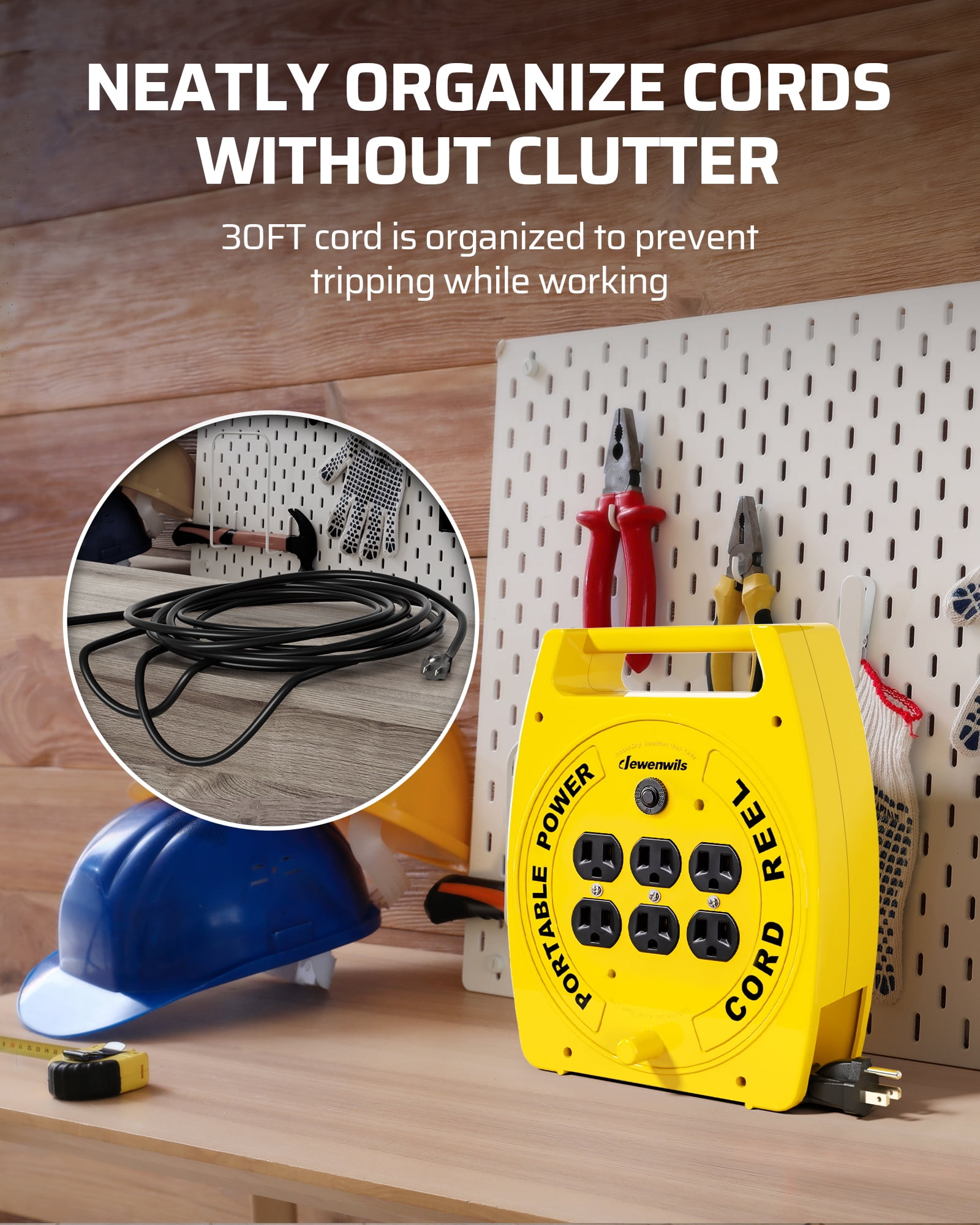 DEWENWILS 6 Outlets Extension Cord Reel, 30FT SJTW 16/3C Power Cord, Hand Wind Retractable, Overload Protection, 13 Amp Circuit Breaker, Yellow, Black, UL Listed