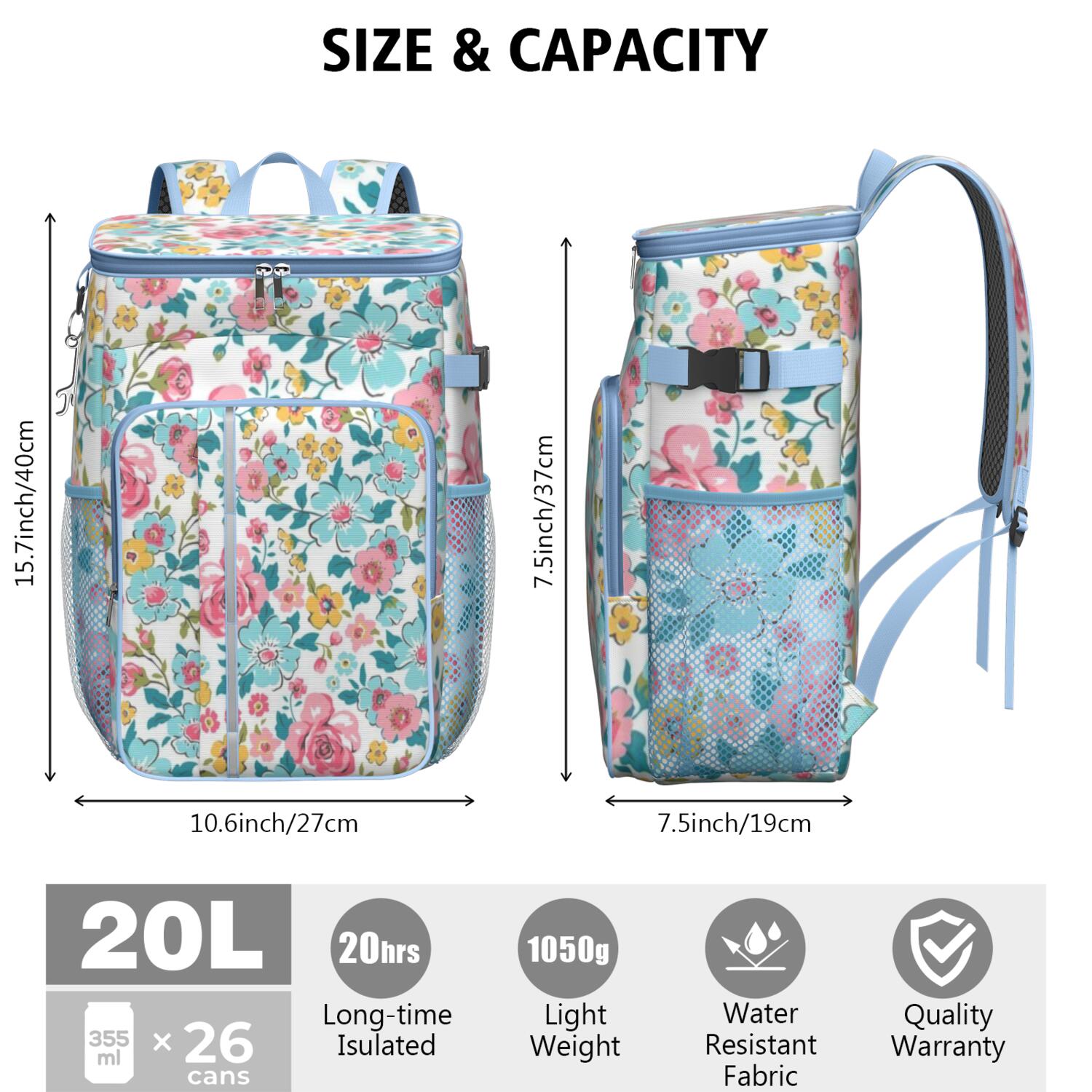 Travel Cooler Bag - Pioneer Flower Floral Print Pattern Camping Beer Cooler Backpack with Bottle Opener- Waterproof Insulated Picnic Backpacks - Cooler Bag for Beach