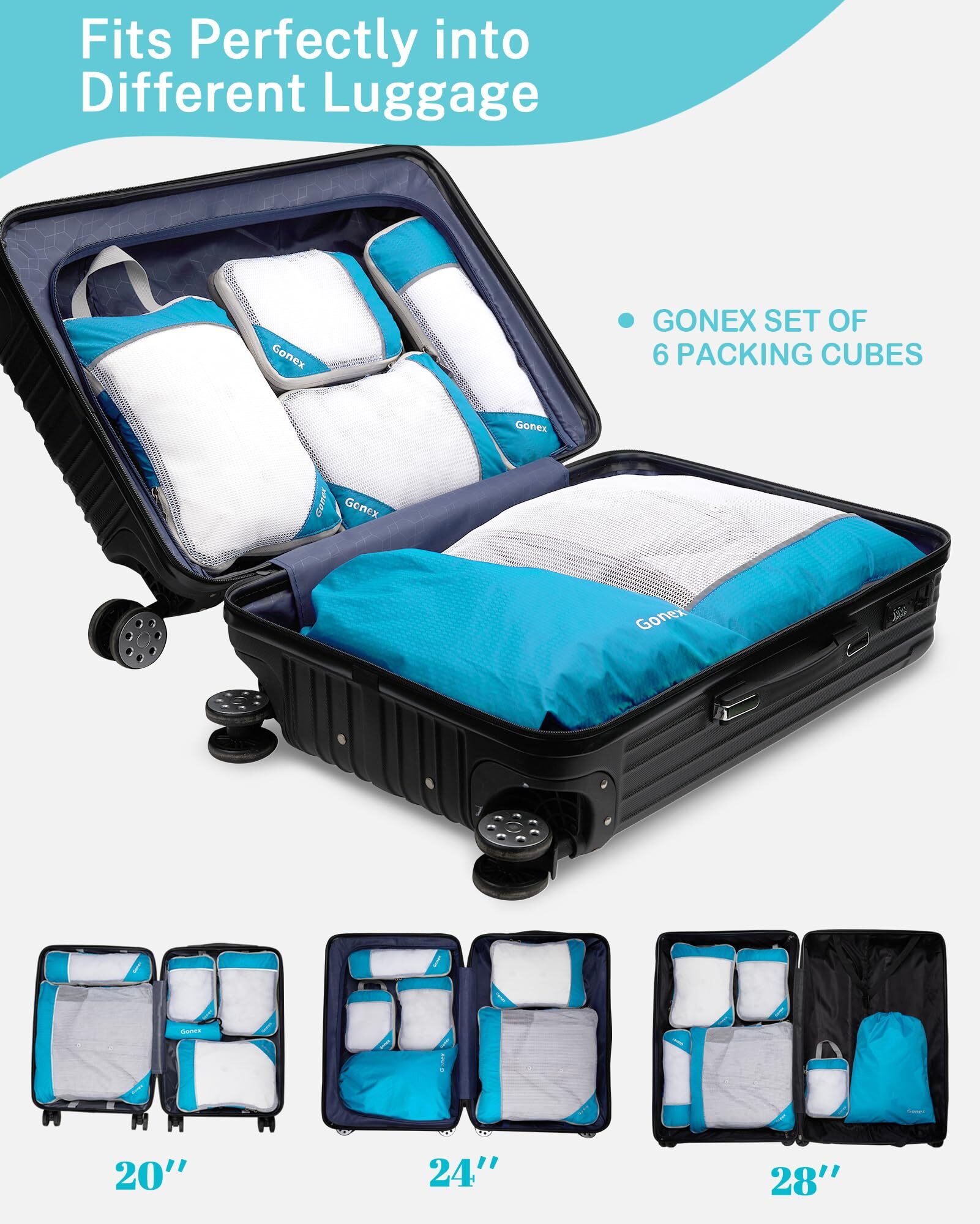 Gonex 6 Set Compression Packing Cubes, Blue Mesh Organizers photo 6
