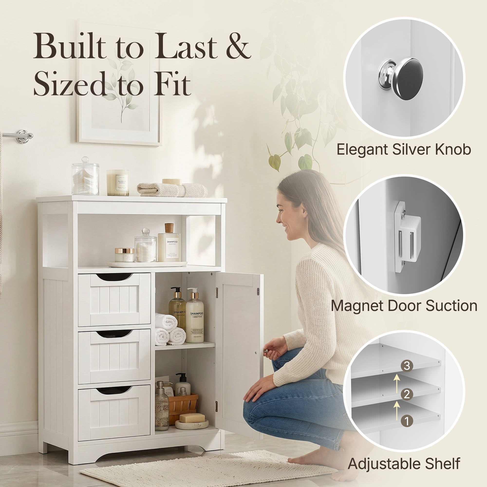 SuperDeal Bathroom Floor Cabinet Freestanding MDF Storage Organizer W/1 Door & 3 Drawers White