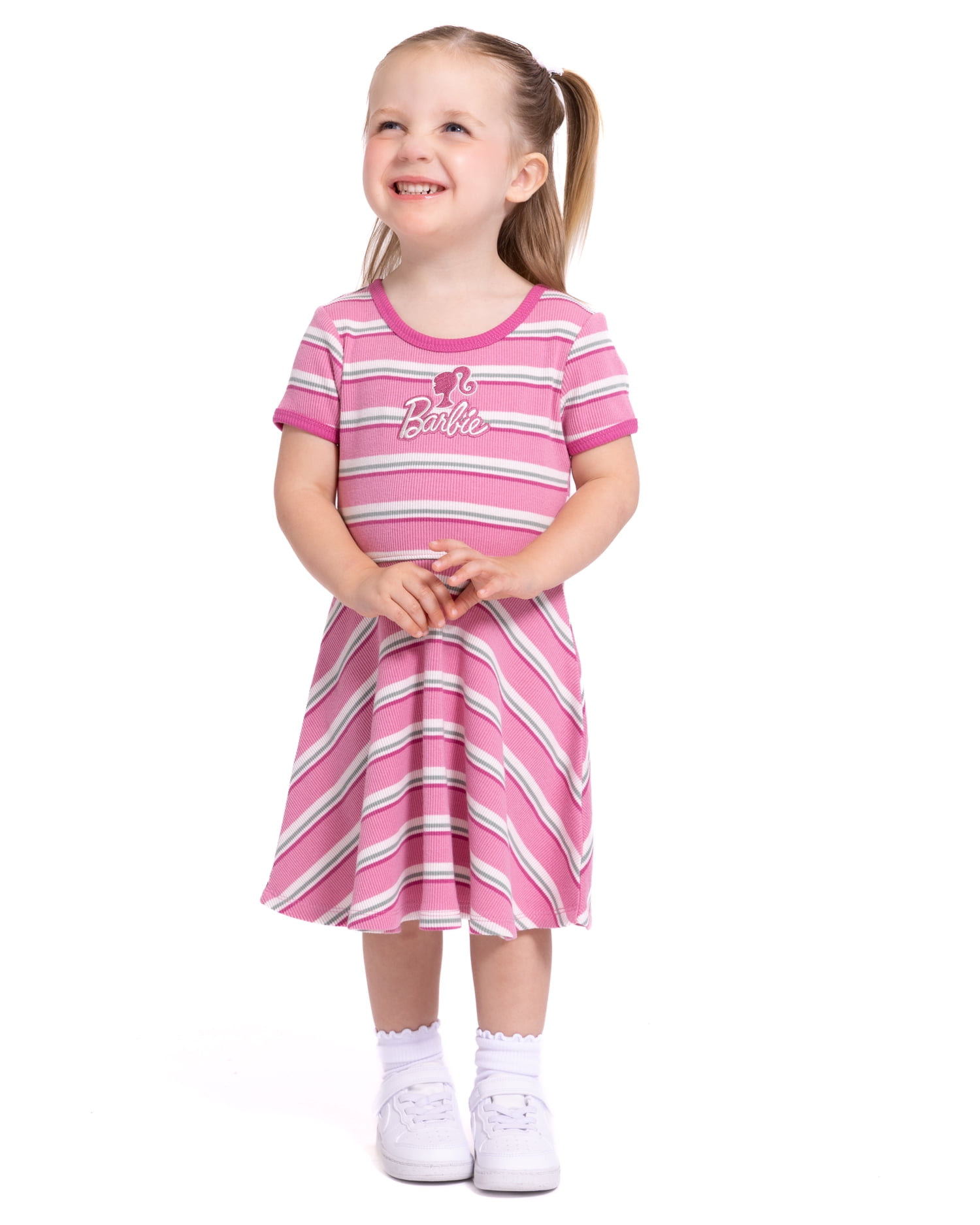Barbie Toddler Girls Graphic Striped Skater Dress with Short Sleeves, Sizes 12M-5T