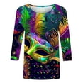 thumbnail image 4 of AGWOLF Mardi Gras Outfit for Women 3/4 Length Sleeve Mask Graphic Carnival Tee Blouses Fashion Round Neck Funny 3D Print Holiday Tops, 4 of 5