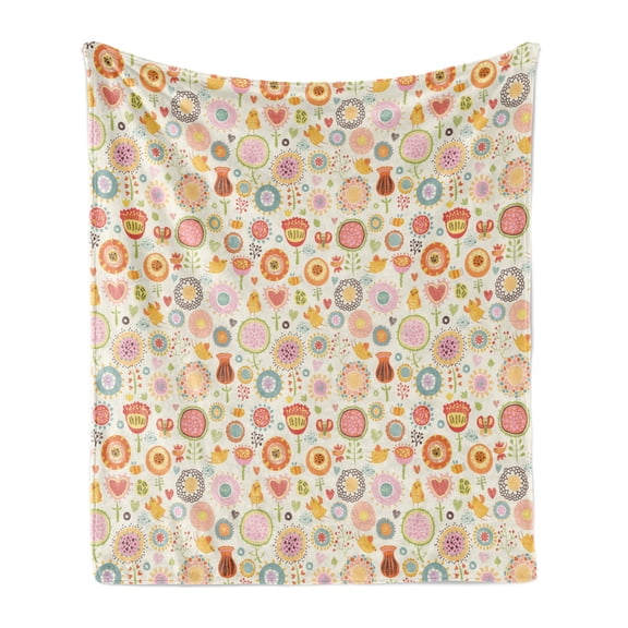 Retro Soft Flannel Fleece Throw Blanket, Retro Ornate Flowers in Drawing Style Little Hearts Singing Birds Garden, Cozy Plush for Indoor and Outdoor Use, 50" x 70", Multicolor, by Ambesonne