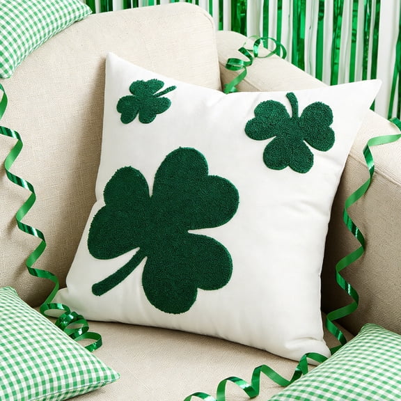 Rijanmt St. Patrick's Day Linen Shamrock Throw Pillow Case,Lucky Clover Green Embroidered Cushion Cover,Decorative Spring Throw Pillowcase,For Bedroom Sofa Living Room Chair Home Decor,17.71*17.71"