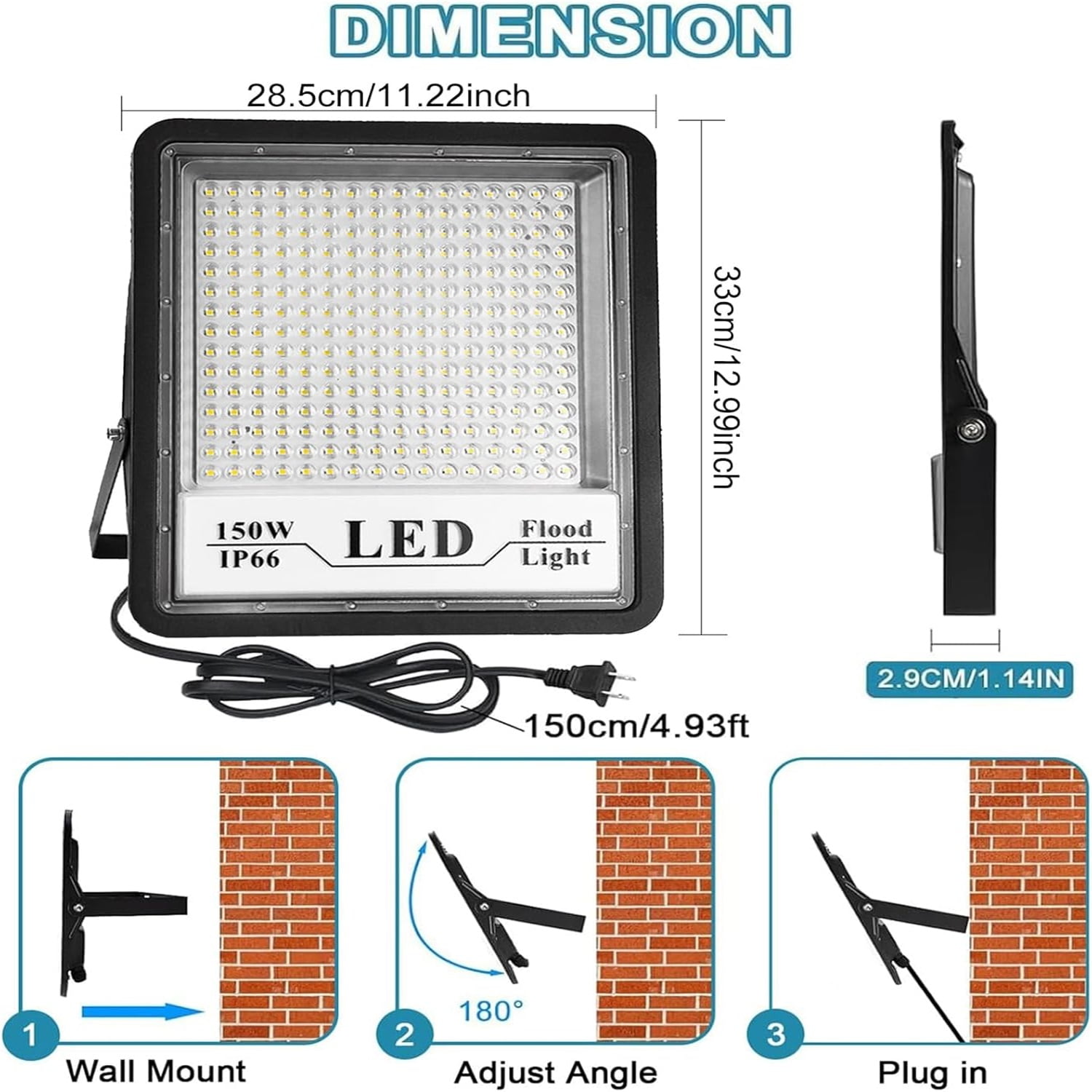 150W Flood Lights Outdoor, 12000LM Exterior LED Flood Light, IP66 Waterproof Security Light, 6500K Daylight White Floodlight