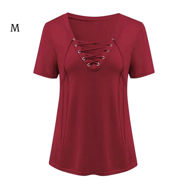 T-Shirt pour Femmes à Col en V, Manches Courtes, Haut Uni, T Décontracté pour Femmes, Blouse Décontractée, Rouge Vin, M