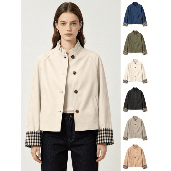 Zynoxe Women's Cropped Jackets Fashionable Button‑Up Ruched Collar Jackets Lightweight Long Sleeve Casual Jacket Solid Color Fall Jackets for Women with Side Pockets & Plaid Lined Beige S