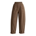thumbnail image 5 of HomeDM Women's Pants Wide Leg Casual Loose Cotton Linen Elastic Waist Trousers Brown Lounge Pants for Athletic Work Size 2XL, 5 of 6