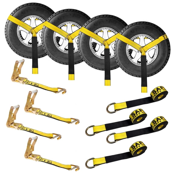 Mega Cargo Control 4 Pack 2" x 120" Car Hauler D-Ring Tie Downs with Wire J Hook Ratchet Straps, Yellow
